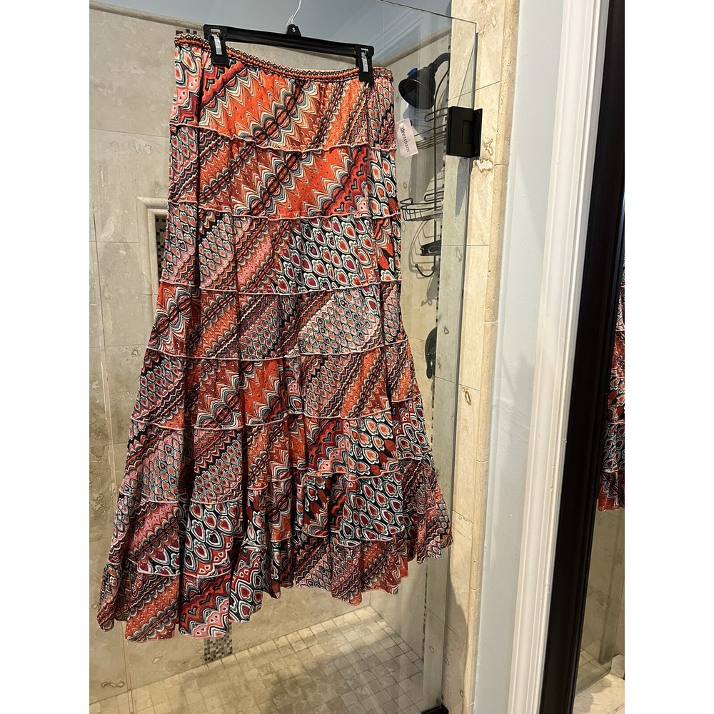Dressbarn Maxi Skirt Orange Paisley Metallic Boho Tiered Long Skirt Medium NWT